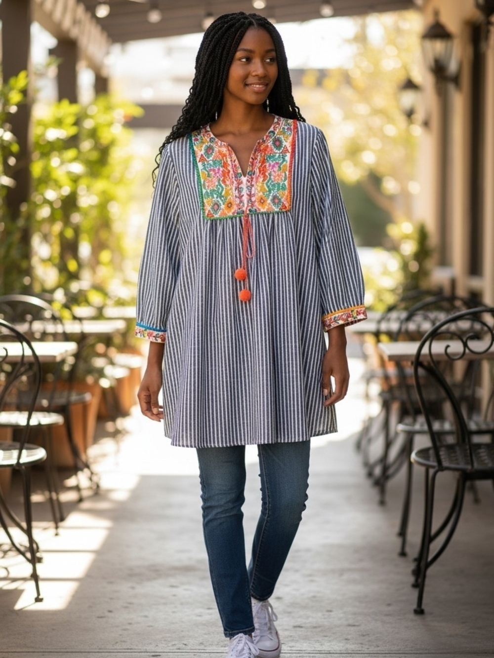 Velzera Blue-White Striped Tunic with Multicolor Embroidered Yoke